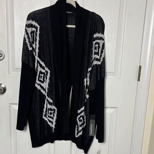 NEW NWT Cheryl Nash Black White Aztec Geometric Open Front Cardigan size Medium